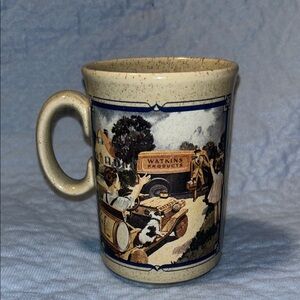 Vintage Watkins 1936 Almanac Stonewear Mug Salesman Boy in Car and Girl Waving